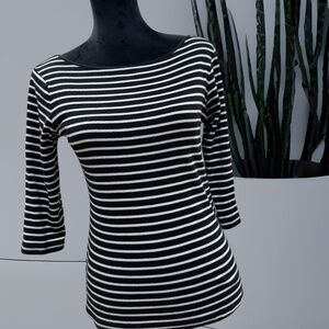 Zara Women Black White Stripe Boatneck Top 3/4 sleeves